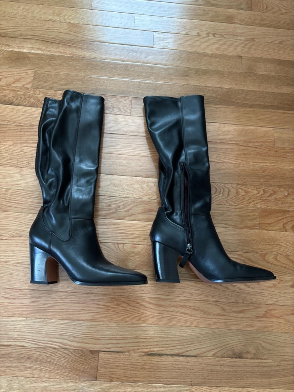 Black Leather Knee-High Heeled Boots - Women